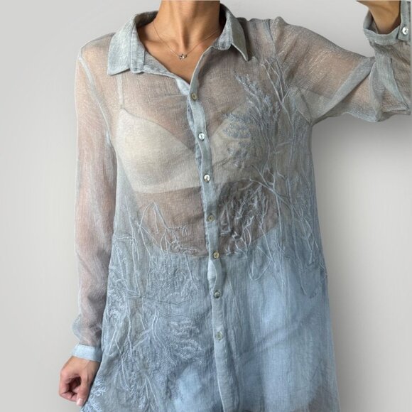 Ethereal Sheer Button Down Tunic Blouse Womens Embroidered Top Fairy Whimsigoth - Picture 3 of 12